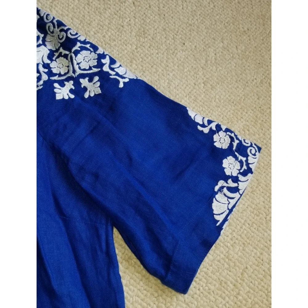 Womens Top-CHARTER CLUB-royal blue linen embroidered tunic Resort Country Club-L